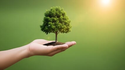 hand holding big tree growing on green background with sunshine