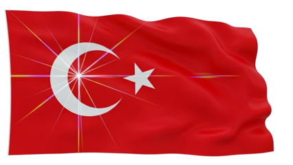 Red fabric flag with crescent moon and star, overlaid with bright light effect