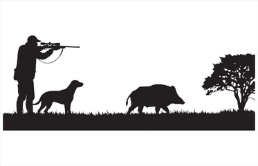 Silhouette of a hunter aiming a rifle with a dog and wild boar in a grassy field with a tree
