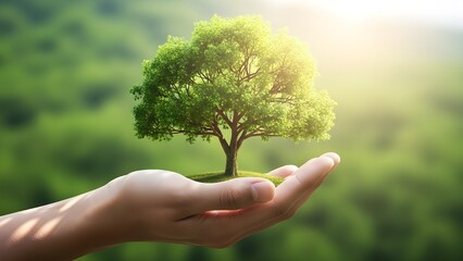 hand holding big tree growing on green background with sunshine