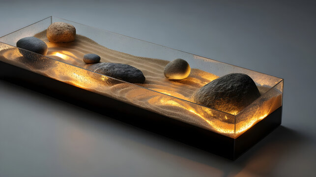 Illuminated zen garden with glowing sand and rocks