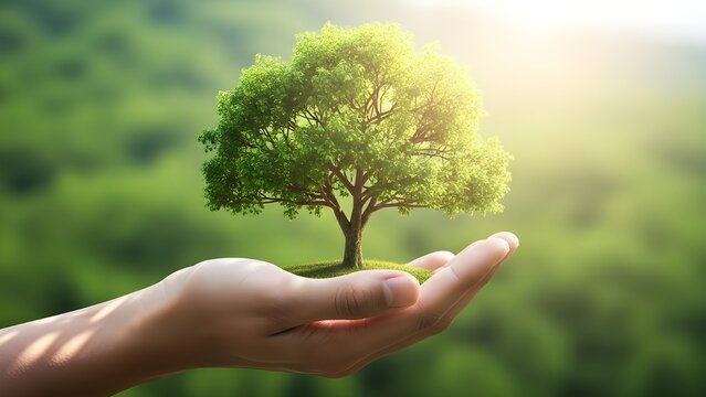 hand holding big tree growing on green background with sunshine