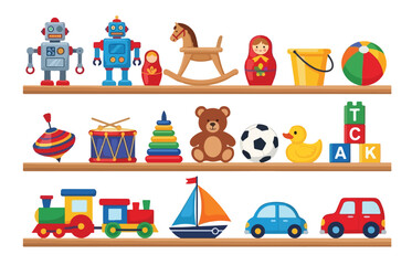 A colorful assortment of classic children s toys displayed on three wooden shelves