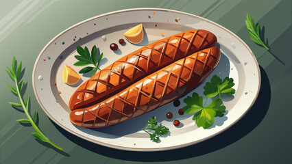 Very beautiful semi-realistic vector illustration of a grilled sausage shown from a top-view flat lay, featuring golden-brown grill marks, rich texture, and clean isolated presentation on a white back