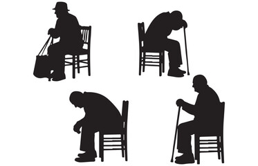 Silhouettes of elderly men sitting on chairs with walking sticks depicting various poses of rest and contemplation