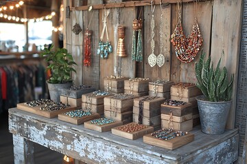 Artisan jewelry showcase with colorful beaded designs high resolution picture