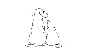 A simple line drawing depicts a loyal dog and a curious cat sitting together side by side
