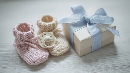 Close up of a soft pastel baby gift set tiny knitted socks, pacifier, and a ribboned box arranged neatly on a light background, delicate atmosphere