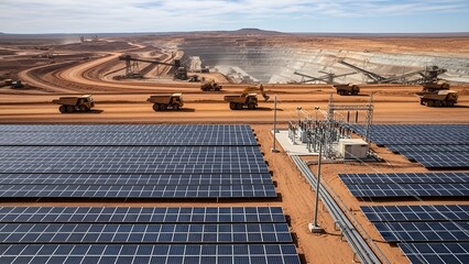 A large open-pit mine with solar panels in the foreground and heavy machinery