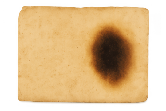 Old parchment paper with a prominent scorch, gritty feel, and weathered appearance, shown on a clear background