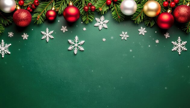Festive holiday celebration home decor image of christmas ornaments and snowflakes green background aesthetic viewpoint seasonal joy and cheer