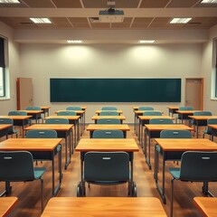 Empty classroom with desks arranged in neat rows, ready for lessons, highlighting the space of learning and instruction,  school building,  educational facility