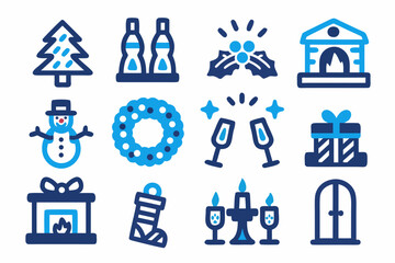 A collection of blue winter holiday icons including trees gifts and decorations