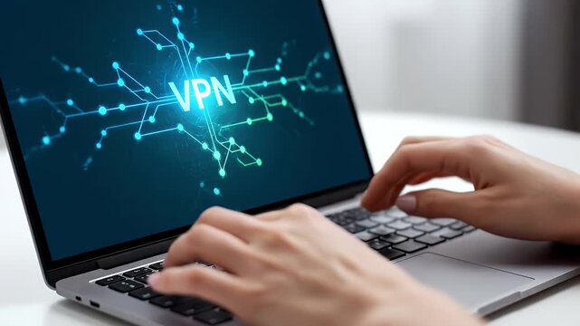 Person Typing on Laptop with Blue VPN Graphic Display and White Table Background, Emphasizing Secure Connection and Data Privacy, Top Down View