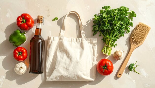 Flat lay composition of zero waste shopping tools, including a blank reusable canvas tote bag, fresh vegetables (cucumber, bell pepper, tomatoes), a wooden brush, and a glass bottle, symbolizing susta