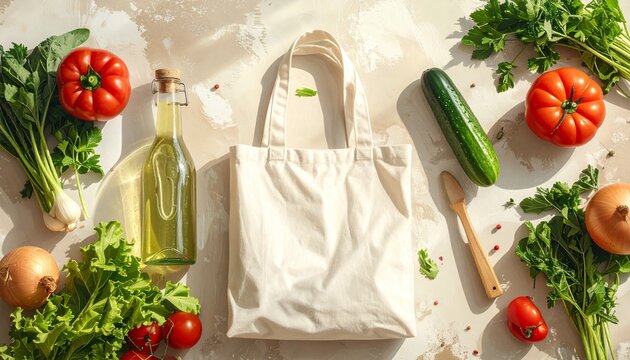 Flat lay composition of zero waste shopping tools, including a blank reusable canvas tote bag, fresh vegetables (cucumber, bell pepper, tomatoes), a wooden brush, and a glass bottle, symbolizing susta - Powered by Adobe