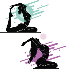 Set of two female silhouettes in flexible yoga backbend poses.
