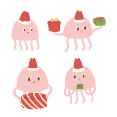 Cute Hand-Drawn Jellyfish Christmas Clipart Set Wearing Santa Hat and Holding Gift. Cute Holiday Sea Creature Illustration