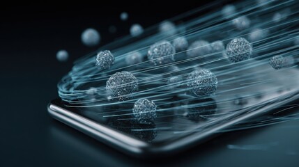 Floating molecular lattice made of crystal spheres emerging from a smartphone screen, holographic particle trails, crisp minimalistic background