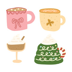Christmas hot drink set on mug. Collection of handdrawn different beverages isolated on white background. 