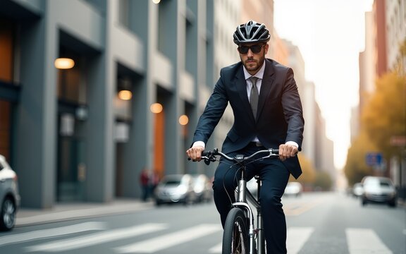 businessman in suit and helmet riding bicycle in city cycling to work. High quality