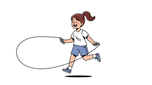 Happy young girl with brown ponytail enjoying a vigorous jump rope session outdoors