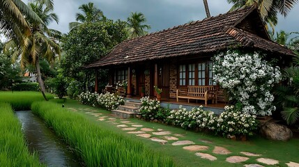 Bamboo house design surrounded by palm trees high resolution picture