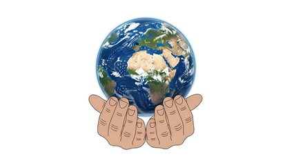 A pair of hands cupping a detailed globe against a plain white background