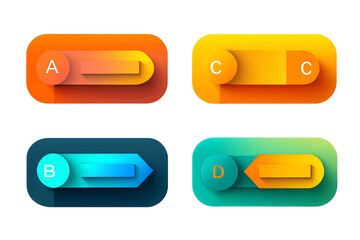 Four colorful infographic buttons with letters a, b, c, and d isolated on transparent background