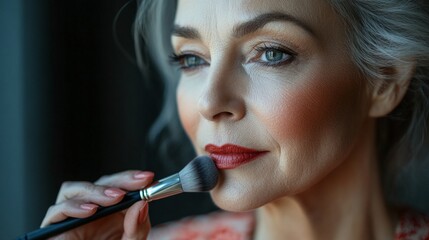 A macro photo of a woman wearing makeup and holding a brush emphasises beauty and care, making it ideal for use as the main background in cosmetics advertising.