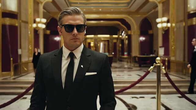 Professional adult caucasian male bodyguard in a suit and sunglasses walking through an opulent hall. Secret service agent providing security and surveillance at an exclusive vip event