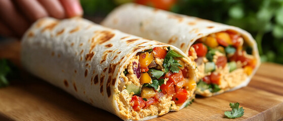 An appetising roll filled with vegetables and sauce on a wooden board will emphasise the appeal of healthy food, fitting perfectly into a culinary blog or café menu as a bright background.