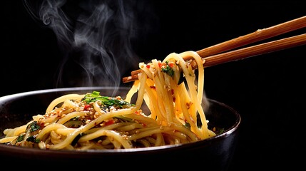 Spicy Sesame Stir-Fried Noodles with Steam and Chopsticks