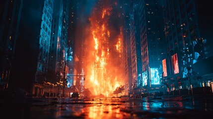 Futuristic City Street at Night with Skyscraper on Fire