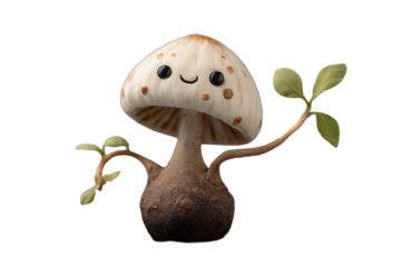 A cute mushroom character with leaves isolated on transparent background smiles sweetly