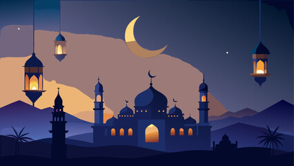 Illustration of a mosque at night with a crescent moon and hanging lanterns in the sky above it