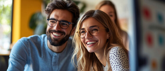 A happy couple wearing glasses and smiling at the camera in a home setting can serve as an atmospheric backdrop for advertising family values or friendships.