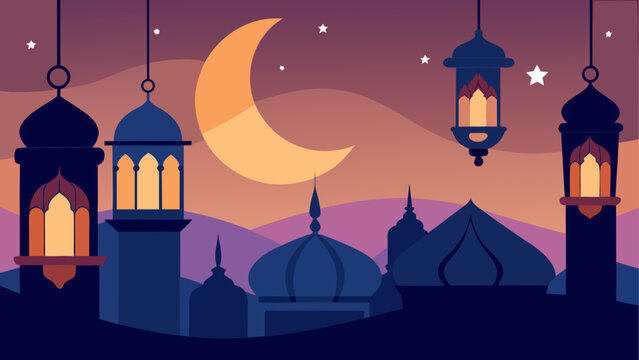 Illustration of a ramadan night scene with crescent moon, lanterns, and mosque silhouettes in the background