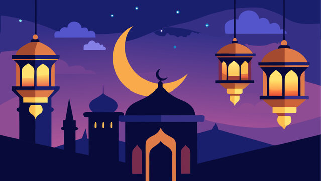Illustration of a mosque with a crescent moon and lanterns against a night sky background design