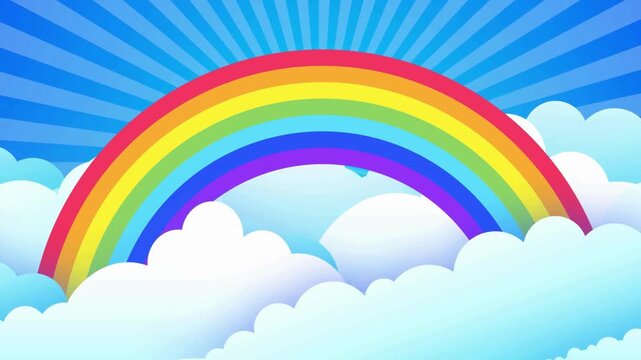 A cartoon rainbow arches over fluffy white clouds against a blue sky with radiating lines