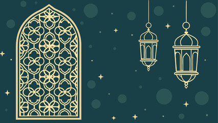 Elegant islamic design featuring a patterned window and two hanging lanterns on a dark green background