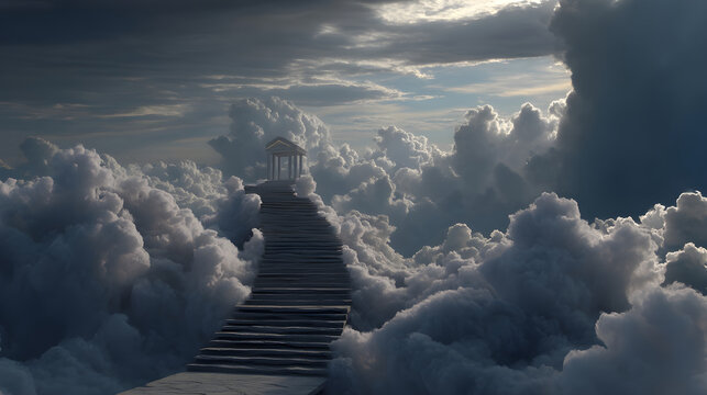 Fototapeta Stairway reaching temple in tranquil sky with clouds