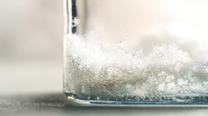 minimalist close up of foamy coolant inside a transparent container, bright soft lighting, white background, focus on chemical instability