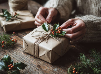 Close-up of woman’s hands wrapping a Christmas gift with holly and twine