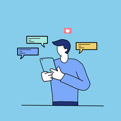 a man is holding a cell phone while serving Customer or client support with chat bubbles surrounding Flat Style Cartoon Background