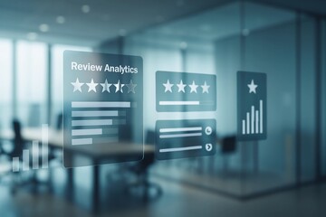 Review analytics dashboard showing customer feedback in a modern office space
