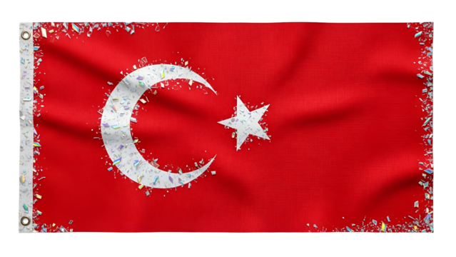 Turkish flag with white crescent moon and star on a red background, with decorative edges