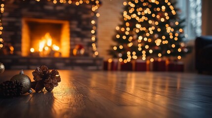 A cosy living room with a Christmas tree, garlands and a fireplace creates a festive mood and the warmth of a family celebration  