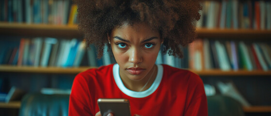A teenager in a red jumper stares intently at his phone screen against a backdrop of library shelves, reflecting the modern challenges of the digital age 