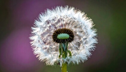 Backlit dandelion seed head with intricate details against a soft blurred bokeh background of green, pink, and brown